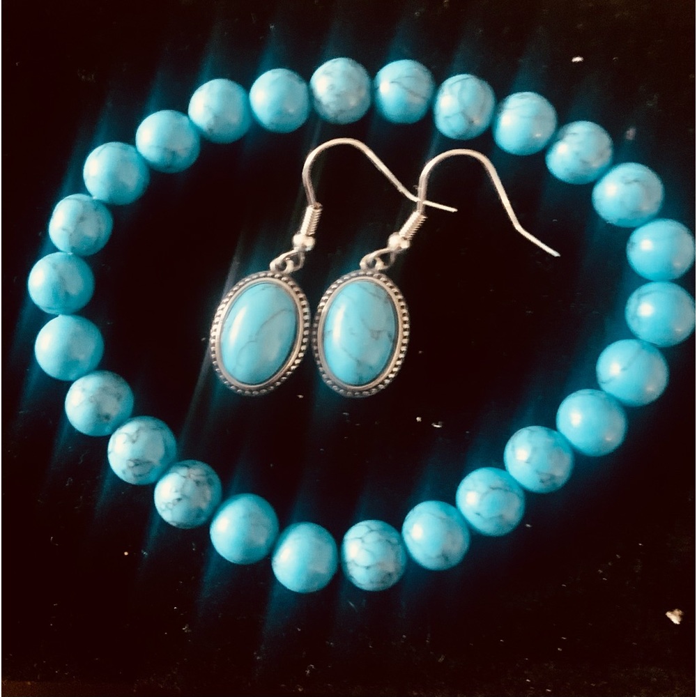 Blue Howlite Beaded Stretch Bracelet and perfectly matching Howlite Earrings NWT